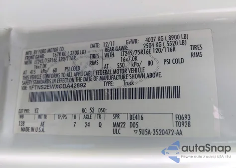 2012 Ford E-250 Commercial from USA, damaged, VIN 1FTNS2EWXCDA42892